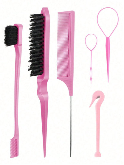 6pcs Hair Styling Tool Set, Includes 2 French Braiding Rings, Hair Cutting Scissors In Leather Case, Volumizing Brush, Pointed Tail Comb, Edge Comb (For Hairline & Back-Brushing), Suitable For Women's