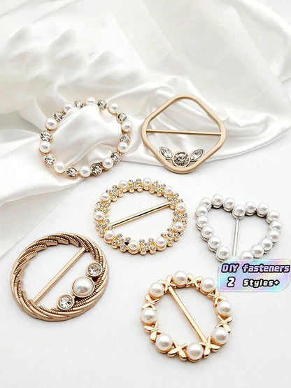 6pcs Rhinestone & Faux Pearl Decor DIY Buckle, Minimalist Aluminum Alloy Geometric Shaped Button For Sewing