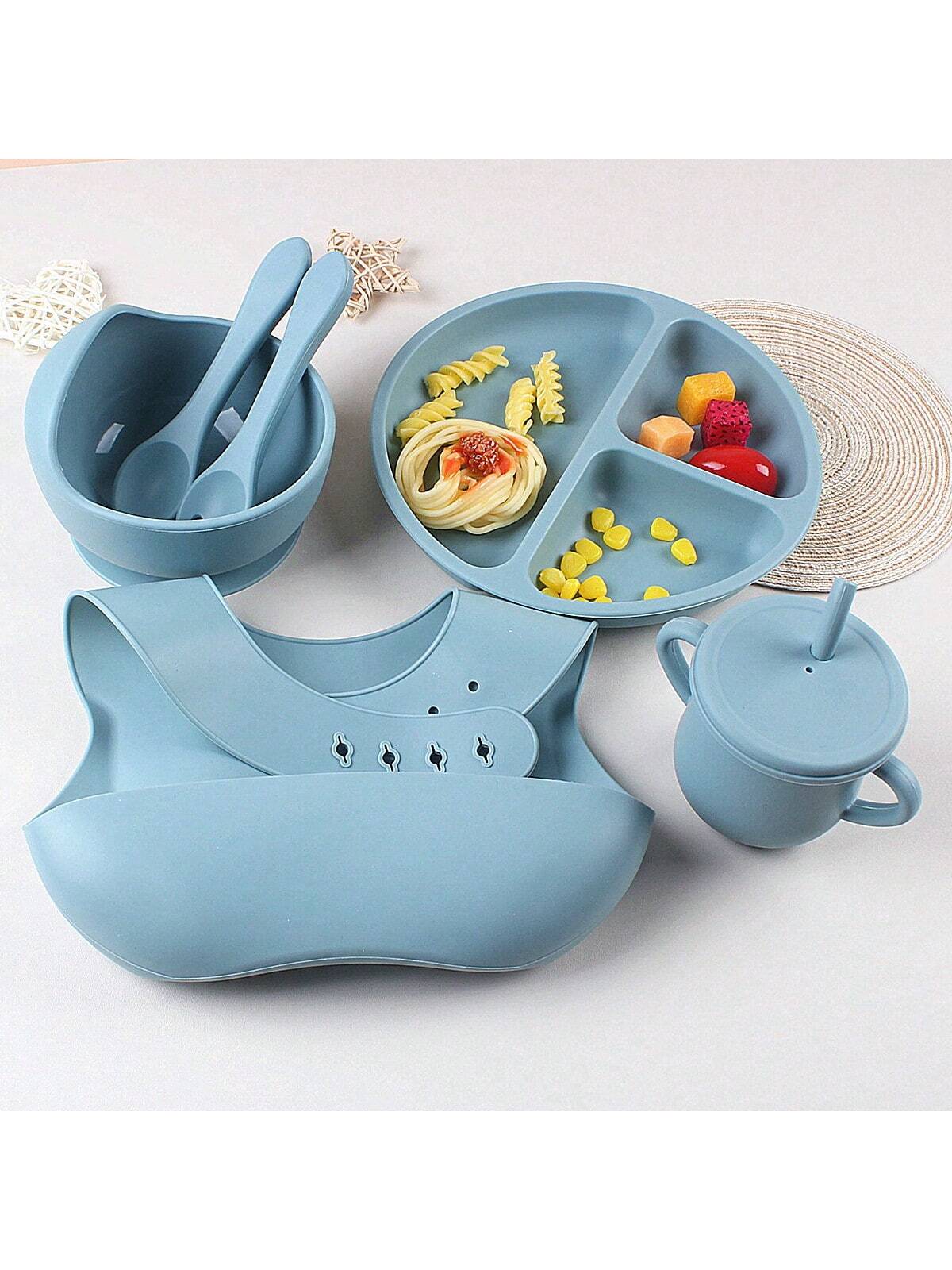 6pcs Silicone Baby Feeding Set- Infant Weaning Supplies, Toddler Utensil, Transition Straw Cup With Straw, Baberos Para Bebe, Suction Cup, Silicone Bib, Bowl, Utensils
