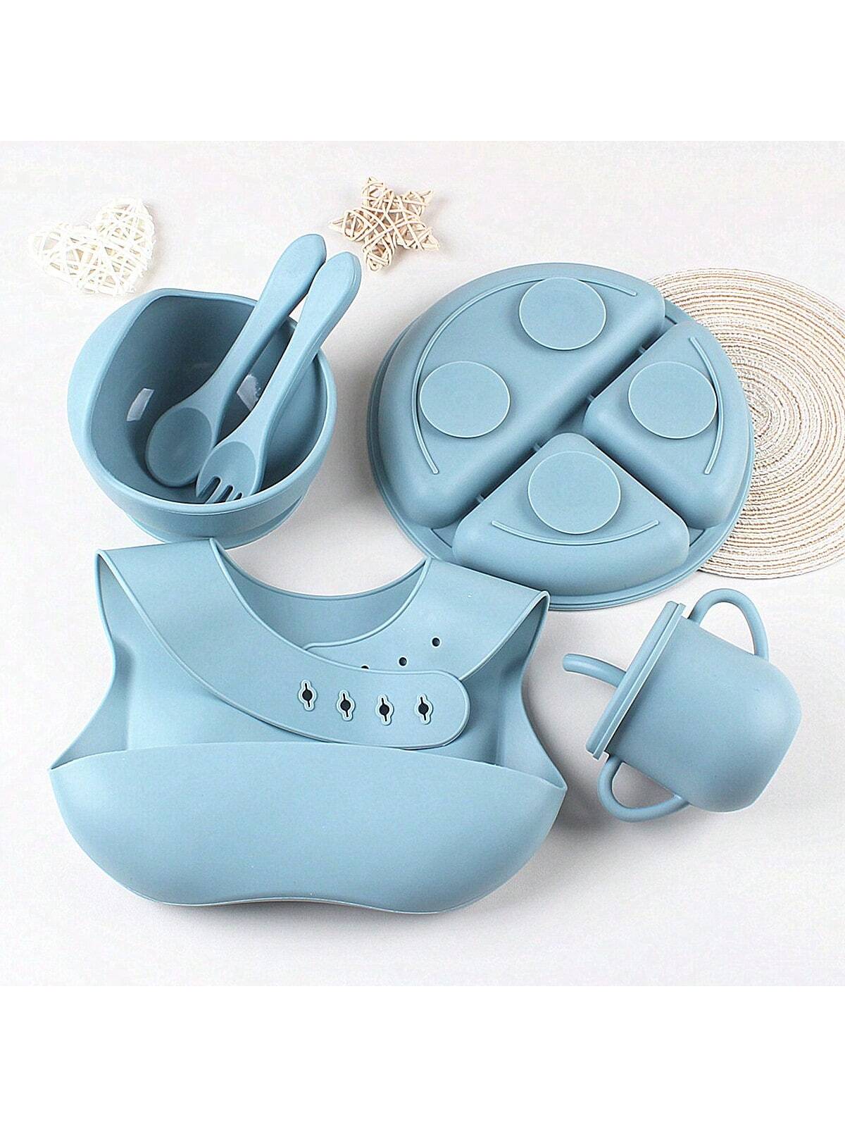 6pcs Silicone Baby Feeding Set- Infant Weaning Supplies, Toddler Utensil, Transition Straw Cup With Straw, Baberos Para Bebe, Suction Cup, Silicone Bib, Bowl, Utensils