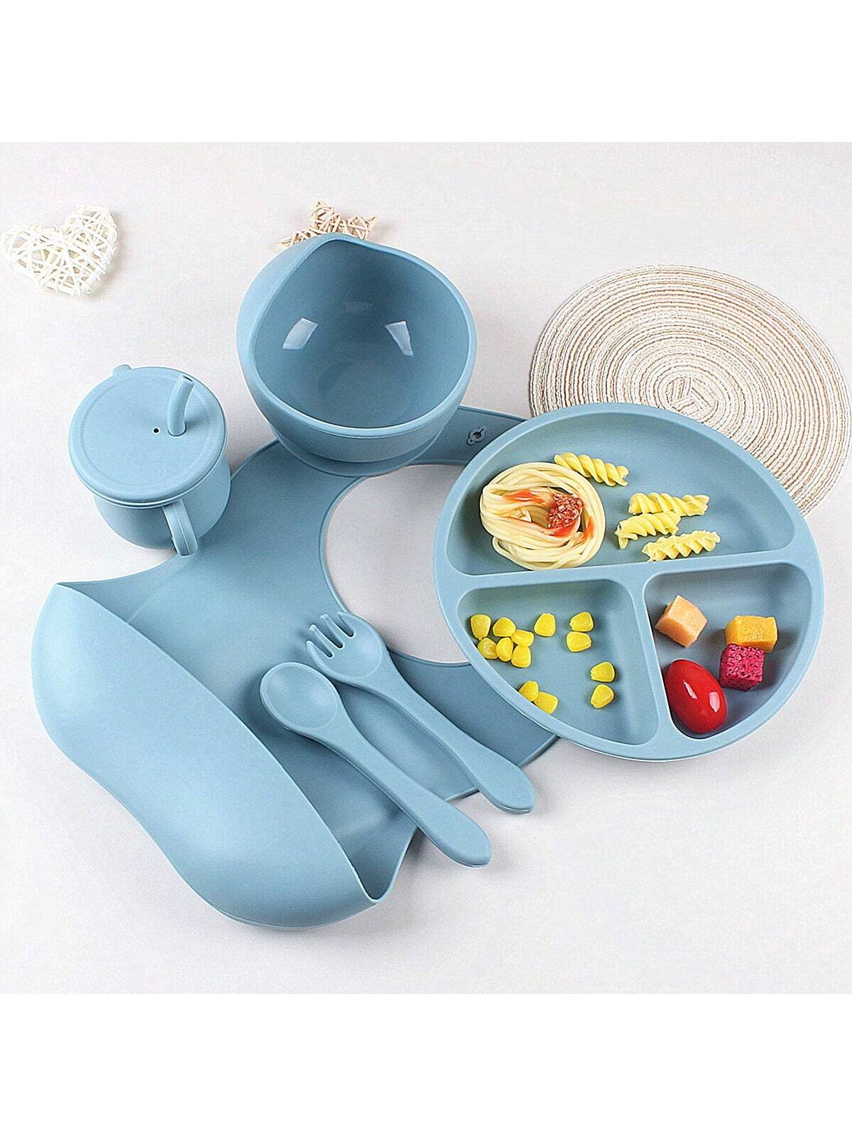 6pcs Silicone Baby Feeding Set- Infant Weaning Supplies, Toddler Utensil, Transition Straw Cup With Straw, Baberos Para Bebe, Suction Cup, Silicone Bib, Bowl, Utensils