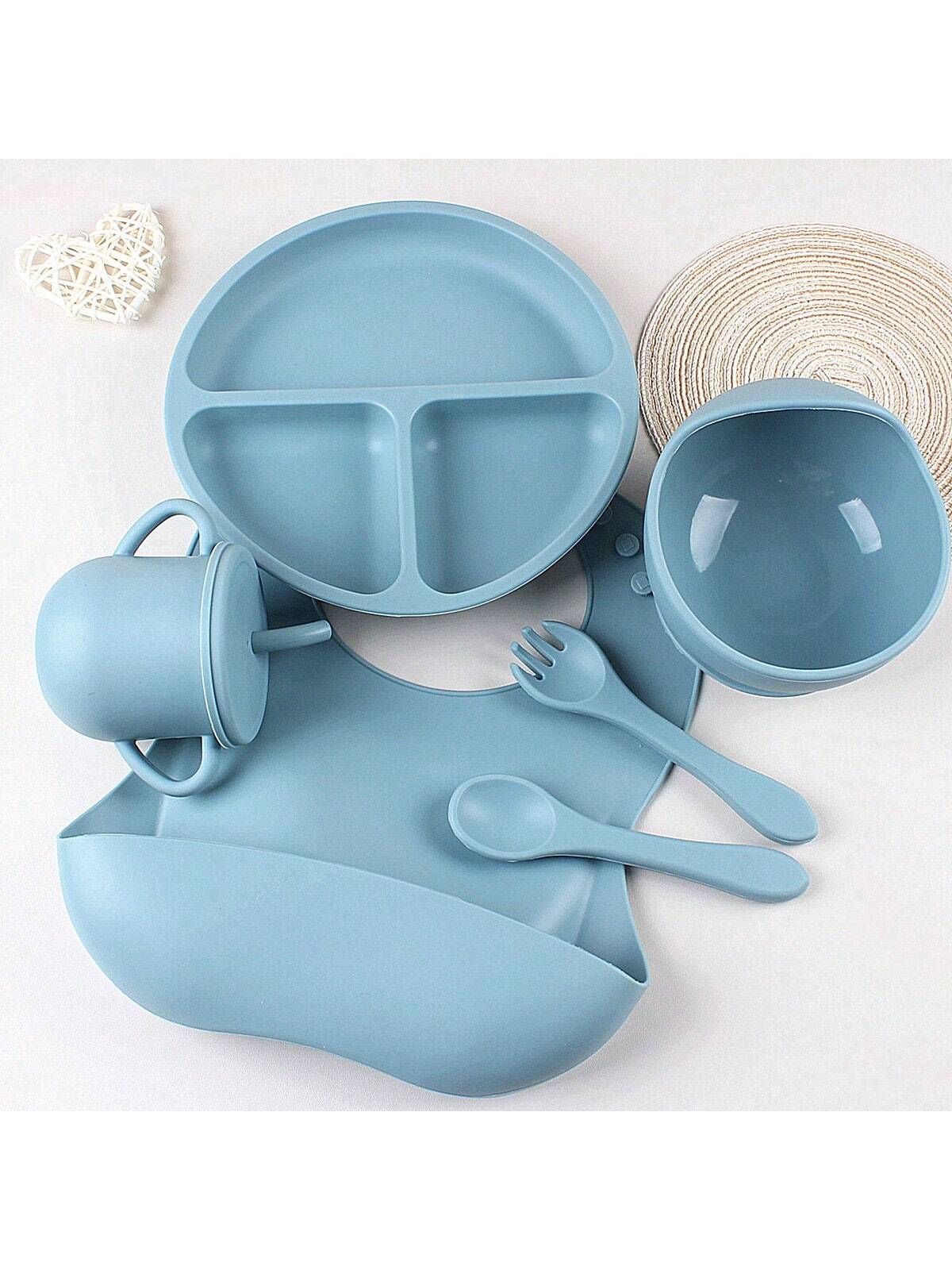 6pcs Silicone Baby Feeding Set- Infant Weaning Supplies, Toddler Utensil, Transition Straw Cup With Straw, Baberos Para Bebe, Suction Cup, Silicone Bib, Bowl, Utensils
