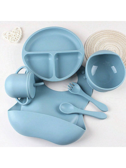 6pcs Silicone Baby Feeding Set- Infant Weaning Supplies, Toddler Utensil, Transition Straw Cup With Straw, Baberos Para Bebe, Suction Cup, Silicone Bib, Bowl, Utensils