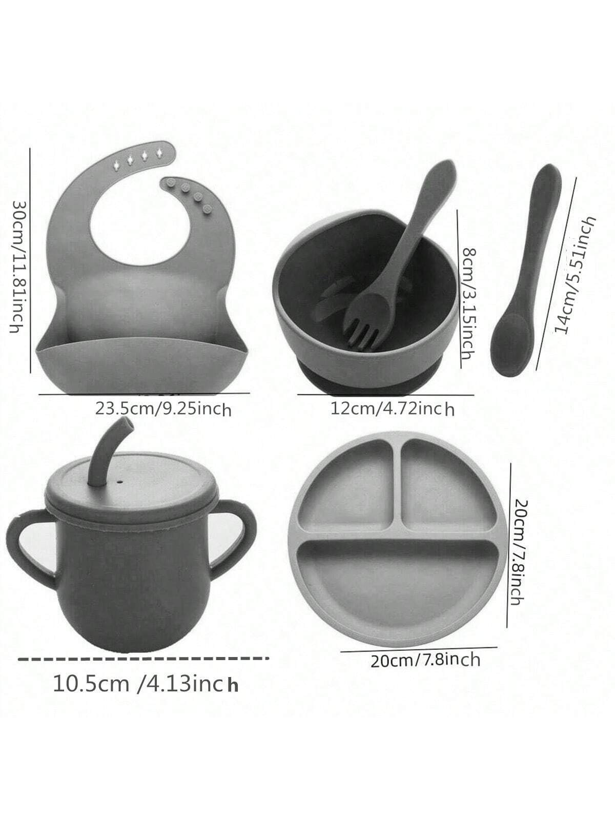 6pcs Silicone Baby Feeding Set- Infant Weaning Supplies, Toddler Utensil, Transition Straw Cup With Straw, Baberos Para Bebe, Suction Cup, Silicone Bib, Bowl, Utensils