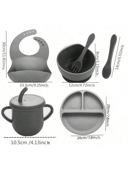 6pcs Silicone Baby Feeding Set- Infant Weaning Supplies, Toddler Utensil, Transition Straw Cup With Straw, Baberos Para Bebe, Suction Cup, Silicone Bib, Bowl, Utensils
