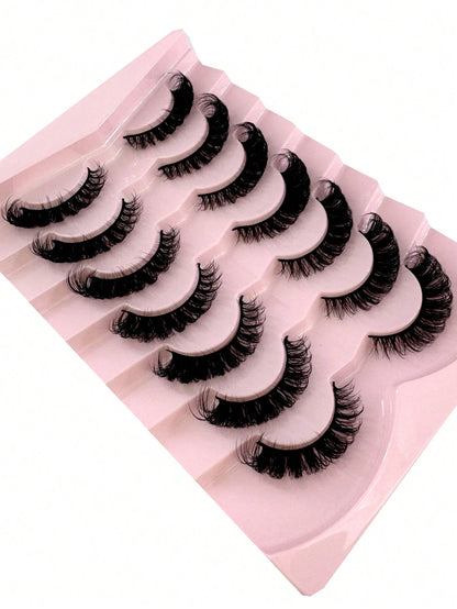 7 Pairs/Pack DD Curl Russian False Eyelashes, Dense & Curly, Create Cat Eye Makeup Effect, Delicate 8D Dense False Lashes, Enhance Eye Contour, Elongate & Thicken Lash Line, Achieve Refined Makeup Loo