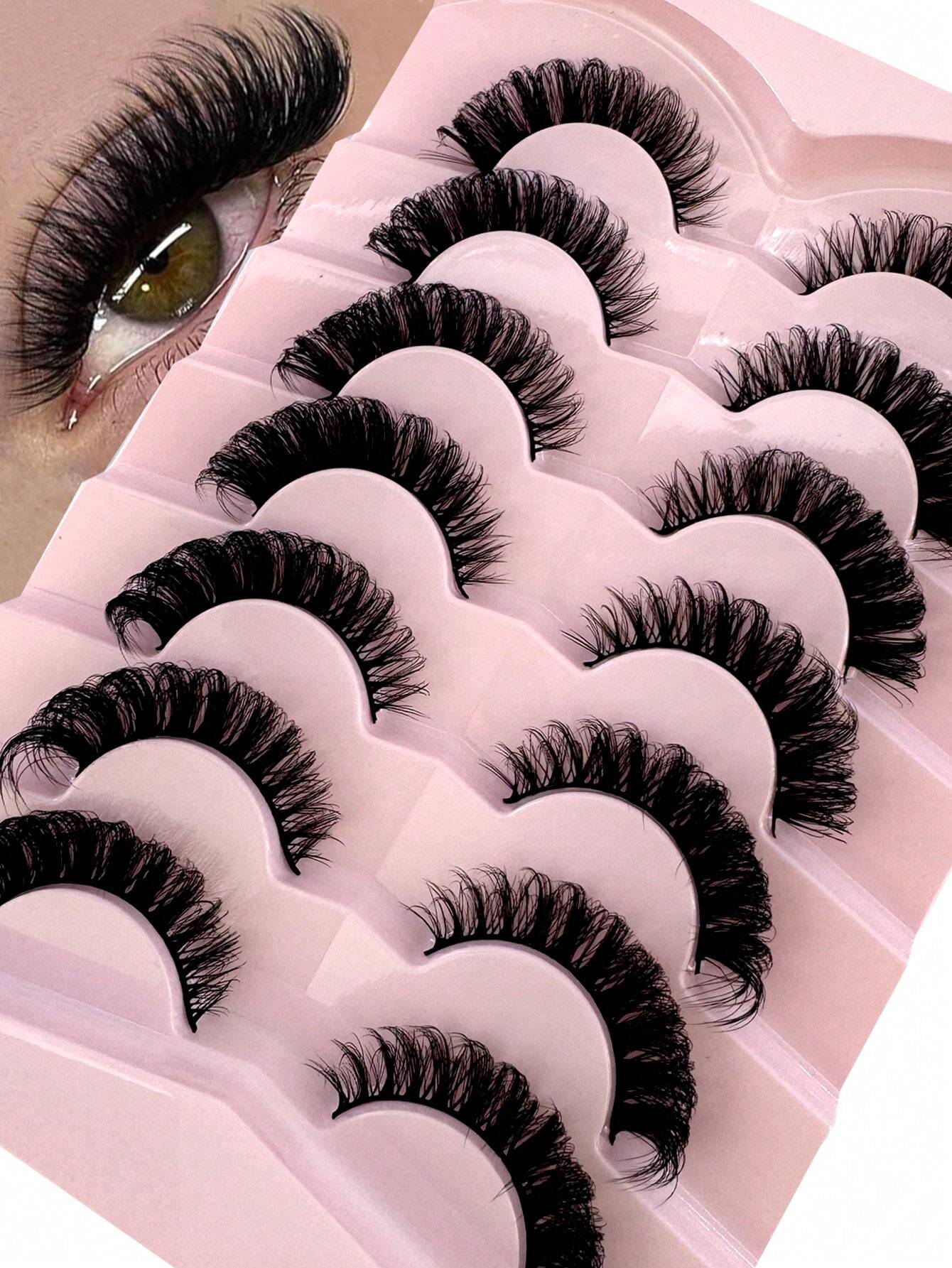 7 Pairs/Pack DD Curl Russian False Eyelashes, Dense & Curly, Create Cat Eye Makeup Effect, Delicate 8D Dense False Lashes, Enhance Eye Contour, Elongate & Thicken Lash Line, Achieve Refined Makeup Loo