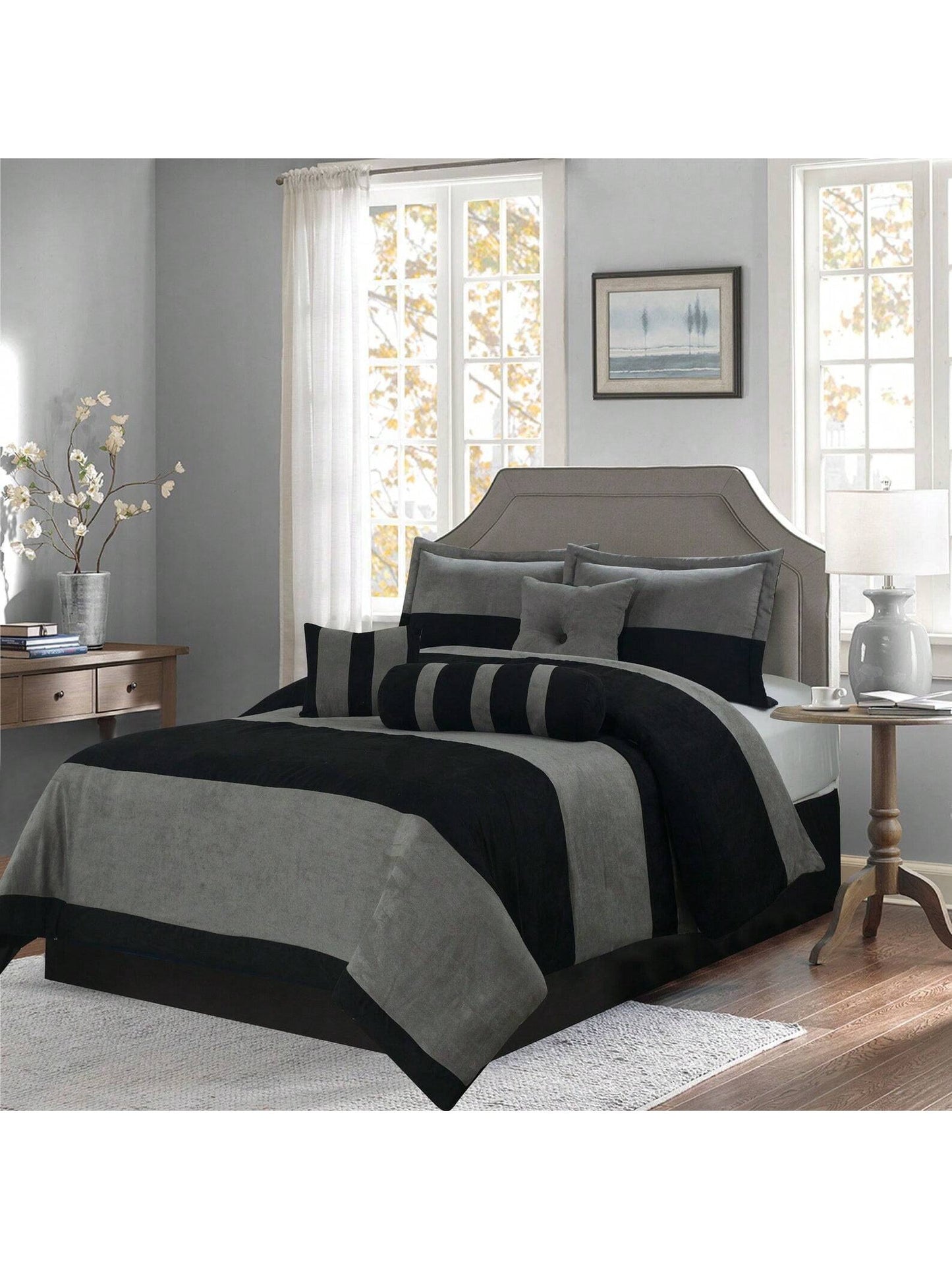 7-Piece Suede Comforter Set With Throw Pillows And Pillow Shams- Complete Bedding Set