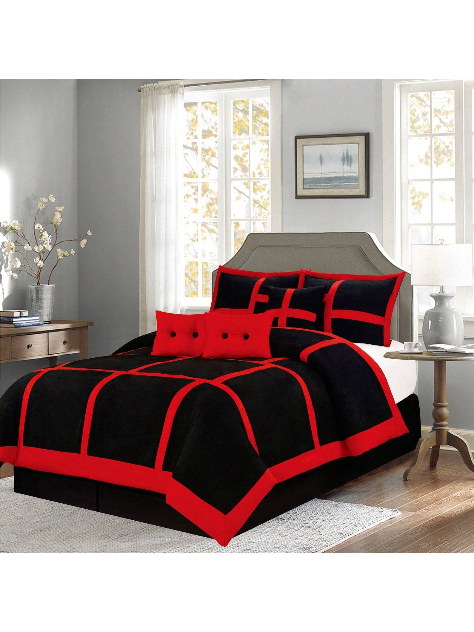 7-Piece Suede Comforter Set With Throw Pillows And Pillow Shams- Complete Bedding Set