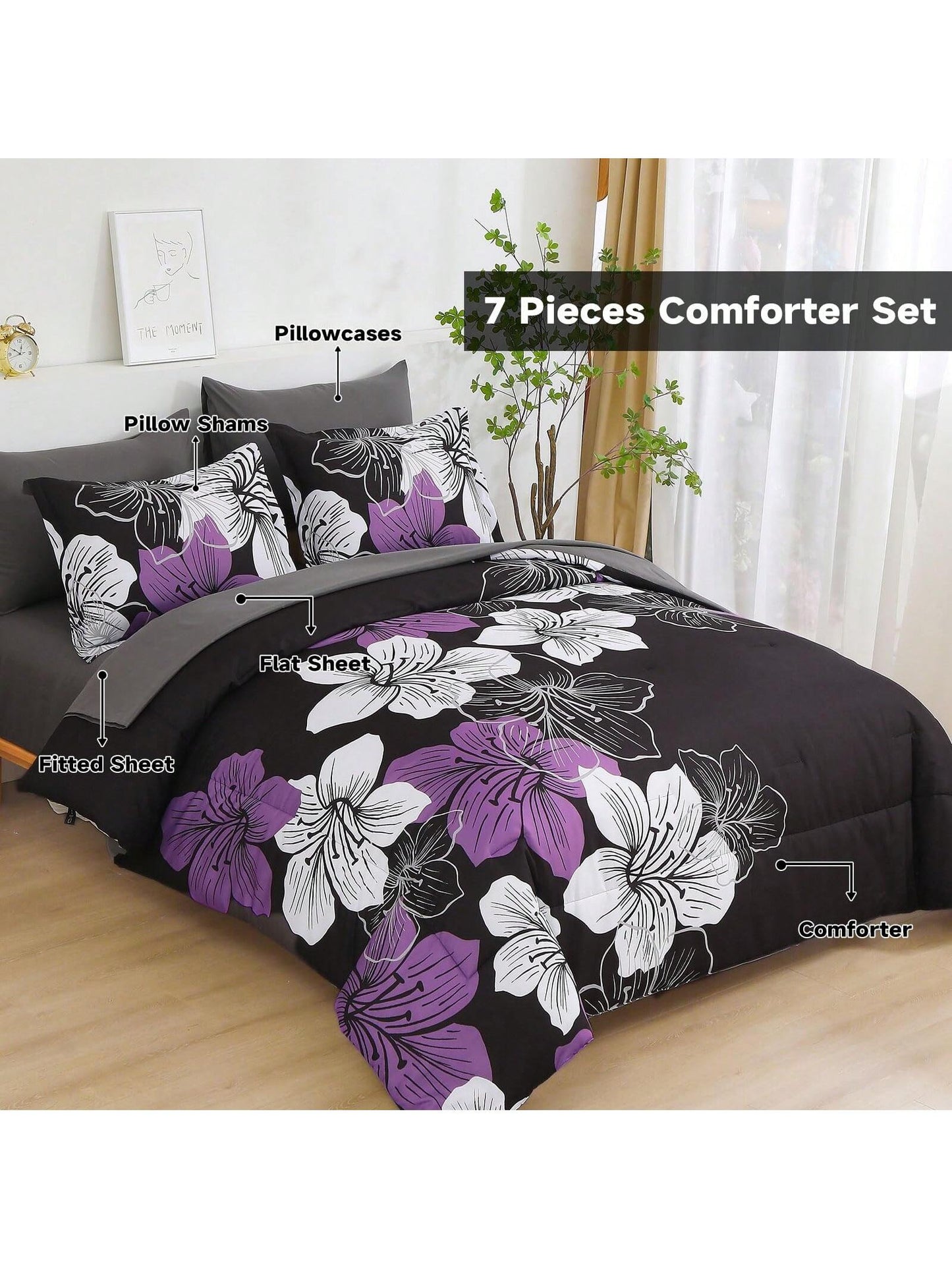 7 Pieces Floral Yellow/Aqua/Navy Blue Floral Comforter Set Queen King Bed In A Bag Botanical Floral Comforter Soft Soft Microfiber Complete Bedding Sets For Fall And Wedding Items,Valentines Day Home
