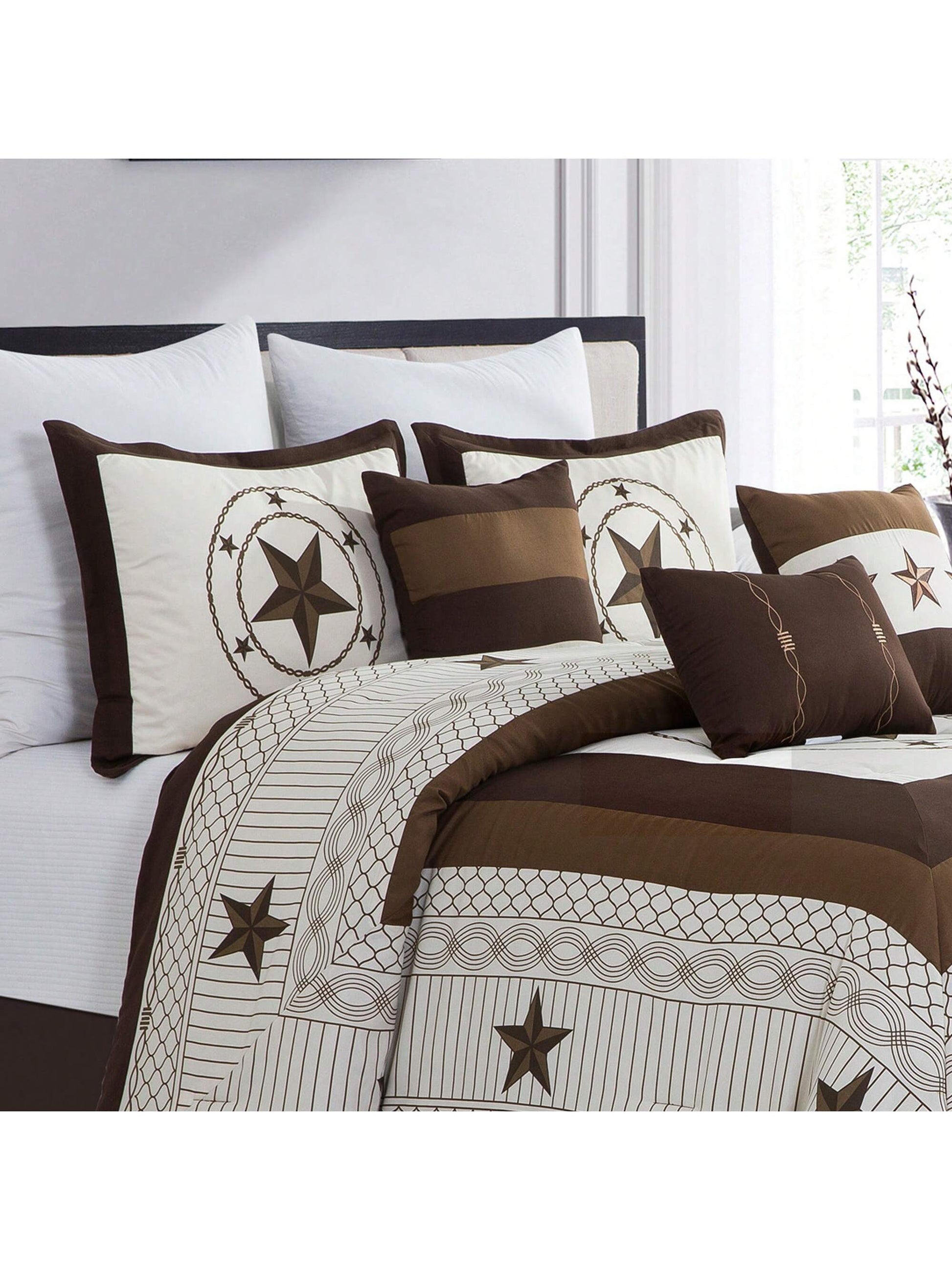 7 Pieces Modern Printed Bedding Comforter Sets With Geometric Star Pattern, Classic Color Block Patchwork Bed Set, Decorative Bed In A Bag With Down Alternative Filling