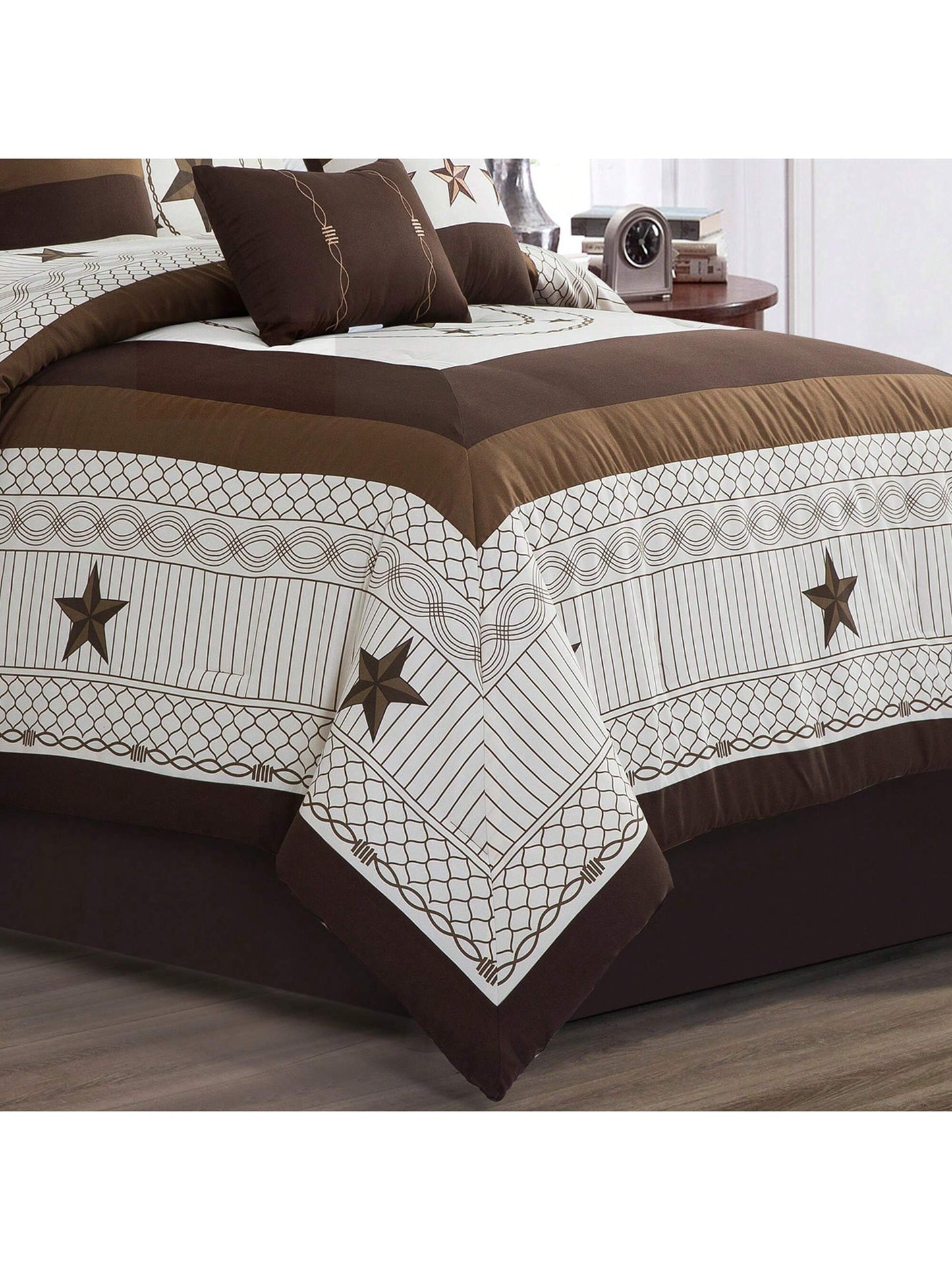 7 Pieces Modern Printed Bedding Comforter Sets With Geometric Star Pattern, Classic Color Block Patchwork Bed Set, Decorative Bed In A Bag With Down Alternative Filling