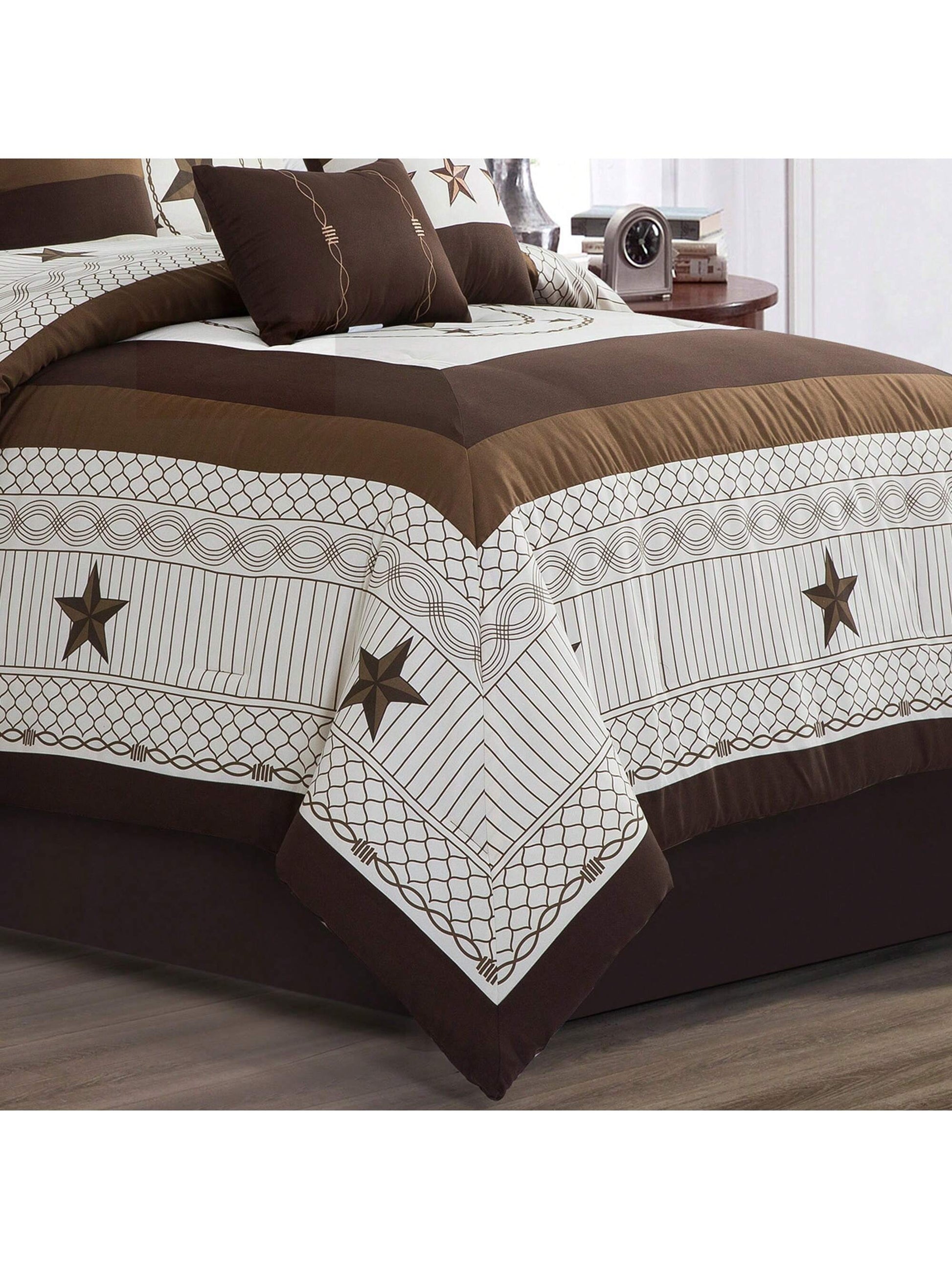 7 Pieces Modern Printed Bedding Comforter Sets With Geometric Star Pattern, Classic Color Block Patchwork Bed Set, Decorative Bed In A Bag With Down Alternative Filling