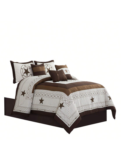 7 Pieces Modern Printed Bedding Comforter Sets With Geometric Star Pattern, Classic Color Block Patchwork Bed Set, Decorative Bed In A Bag With Down Alternative Filling