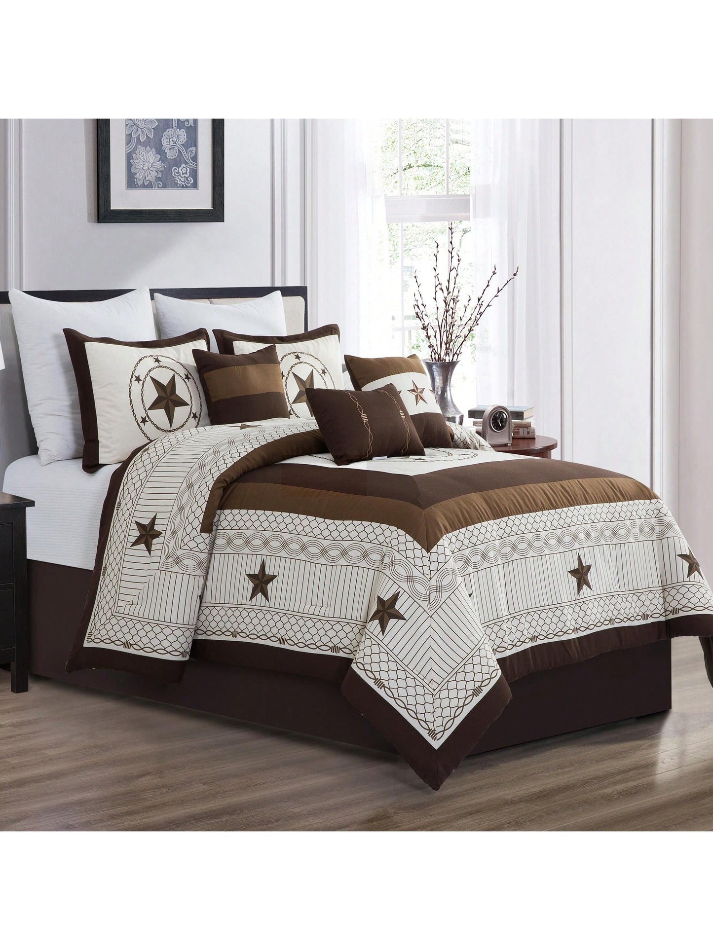 7 Pieces Modern Printed Bedding Comforter Sets With Geometric Star Pattern, Classic Color Block Patchwork Bed Set, Decorative Bed In A Bag With Down Alternative Filling