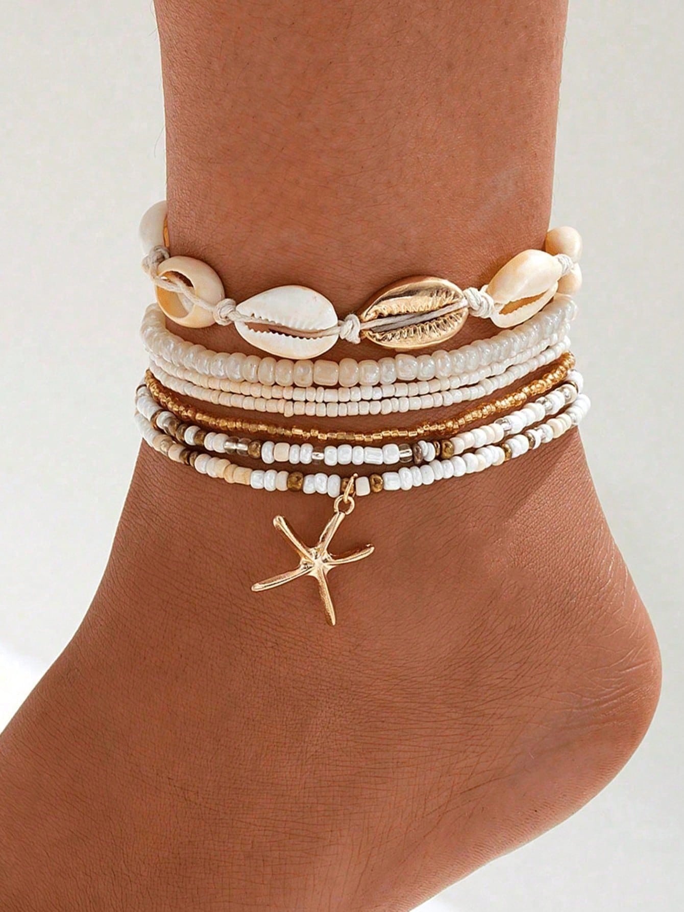 7pcs Bohemian Style Beaded Handmade Bracelet With Shell & Starfish Elements, Women Summer Beach Holiday Party Accessory