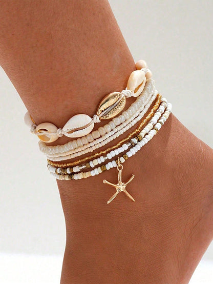 7pcs Bohemian Style Beaded Handmade Bracelet With Shell & Starfish Elements, Women Summer Beach Holiday Party Accessory