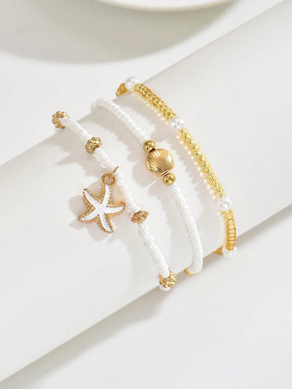 7pcs Bohemian Style Beaded Handmade Bracelet With Shell & Starfish Elements, Women Summer Beach Holiday Party Accessory