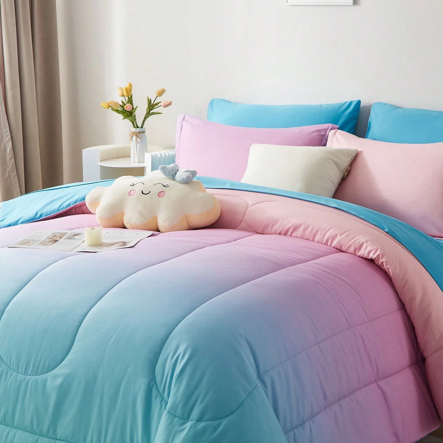 7pieces(Full/Queen/King)Lightweight Solid Comforter Set For All Seasons,Twin(5 Pieces),Soft & Comfortable Bed In A Bag Set For Student/Friends/Colleage,A Cloud-Like Sleeping Space All Year Round,Sprin