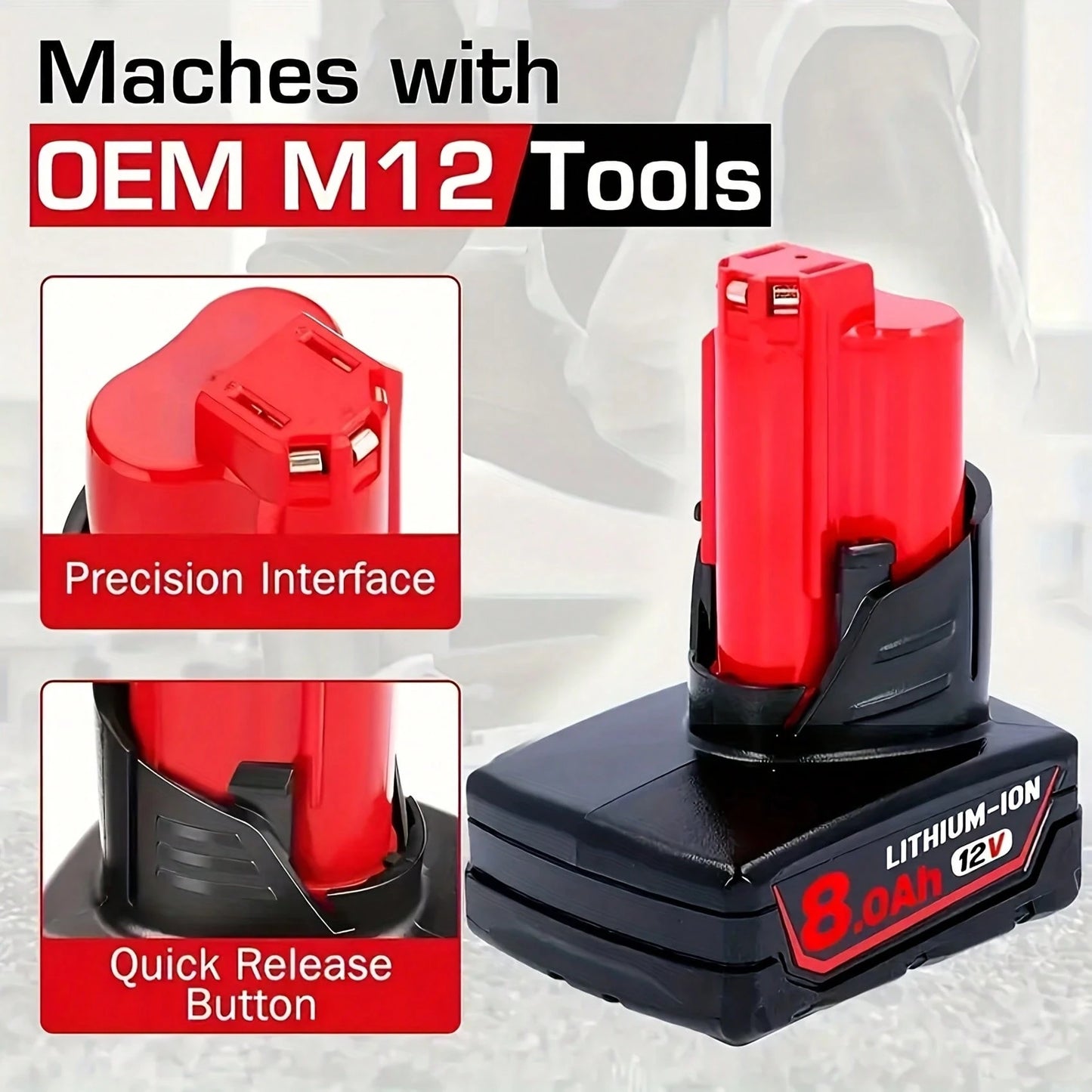 8.0Ah 12V Lithium Ion Replacement Battery Compatible With 12V Battery 48-11-2460 48-11-2412 48-11-2401 48-11-2440 And 12 Volt Cordless Tool Battery