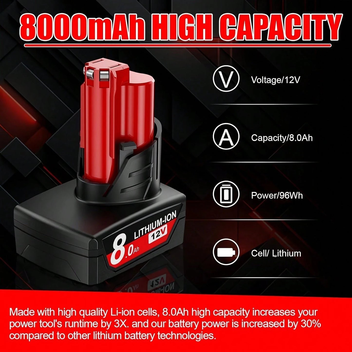8.0Ah 12V Lithium Ion Replacement Battery Compatible With 12V Battery 48-11-2460 48-11-2412 48-11-2401 48-11-2440 And 12 Volt Cordless Tool Battery