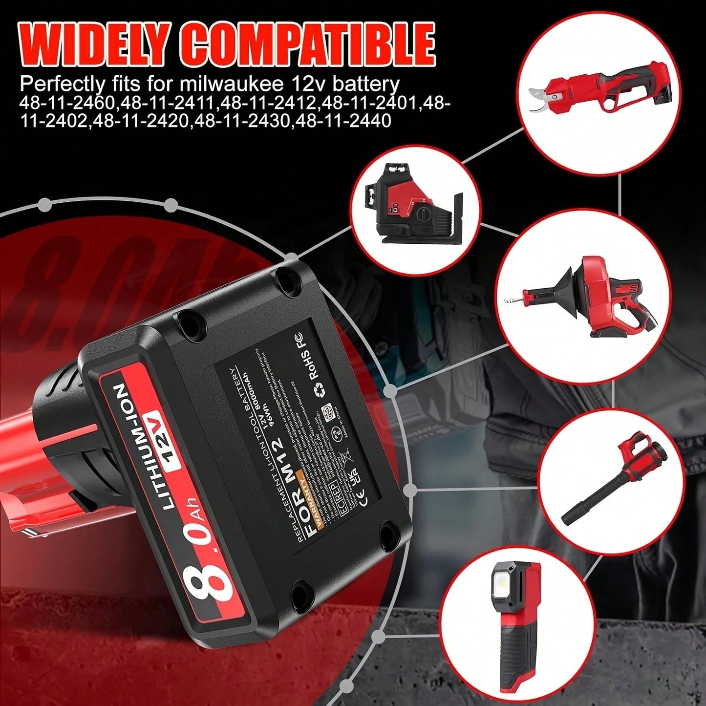 8.0Ah 12V Lithium Ion Replacement Battery Compatible With 12V Battery 48-11-2460 48-11-2412 48-11-2401 48-11-2440 And 12 Volt Cordless Tool Battery