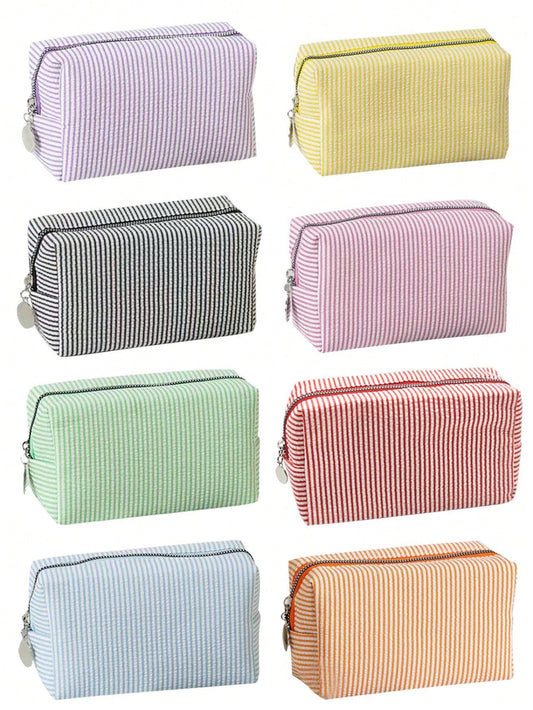 8/1pc Striped Seersucker Zipper Clutch, Travel Toiletry Bag, Striped Makeup Bag, Women's Organizer Bag, Back To School Bag, Travel Bag, Beach/Summer Vacation Travel Bag, Student Makeup Bag, Back To Sc