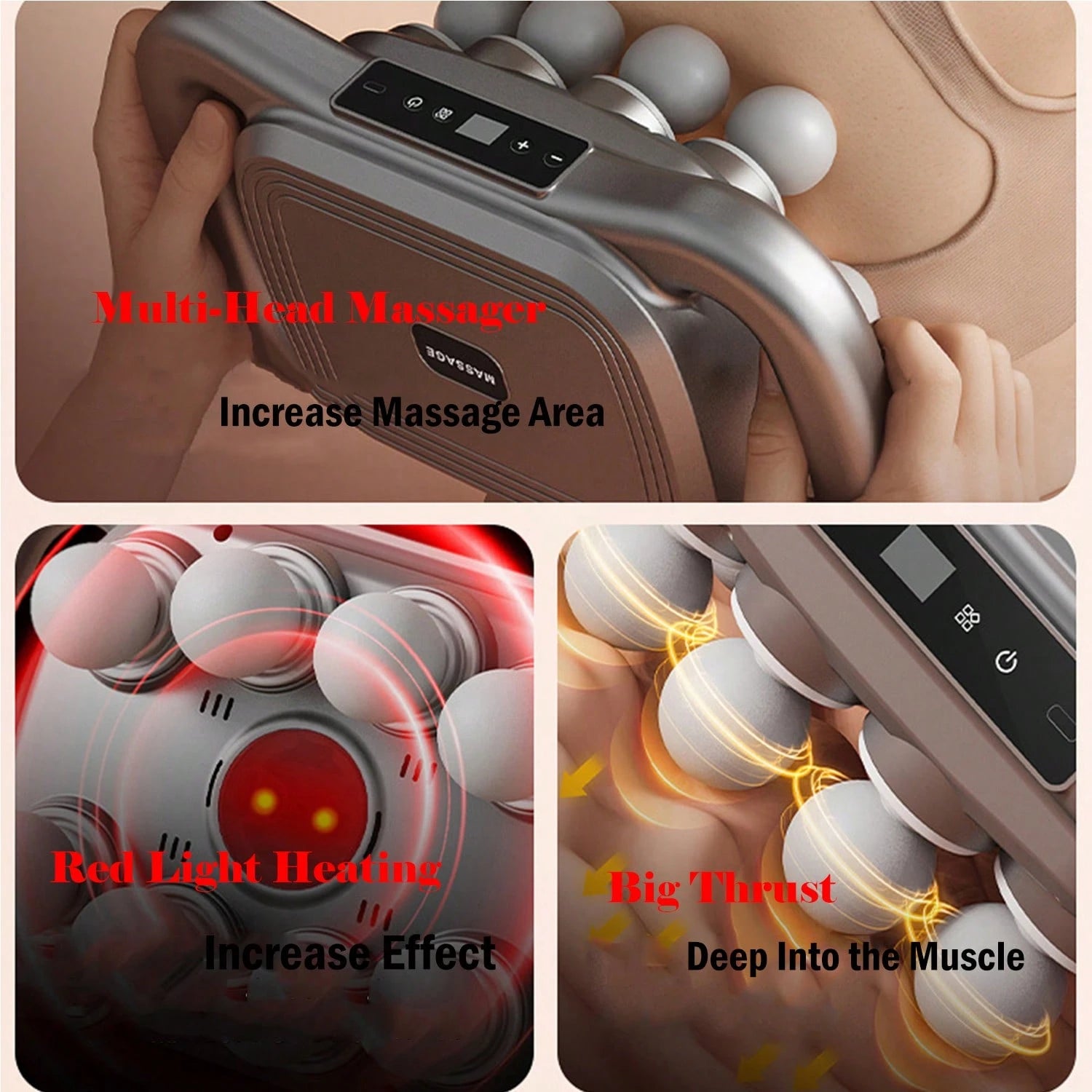 8-Head Electric Deep Tissue Massager For Muscle Relief, Multi-Head Back Pain Massage Device With Red Light Heating, Large Thrust Percussion Massage Gun For Waist, Calf, Thigh, And Foot Soreness, Hands