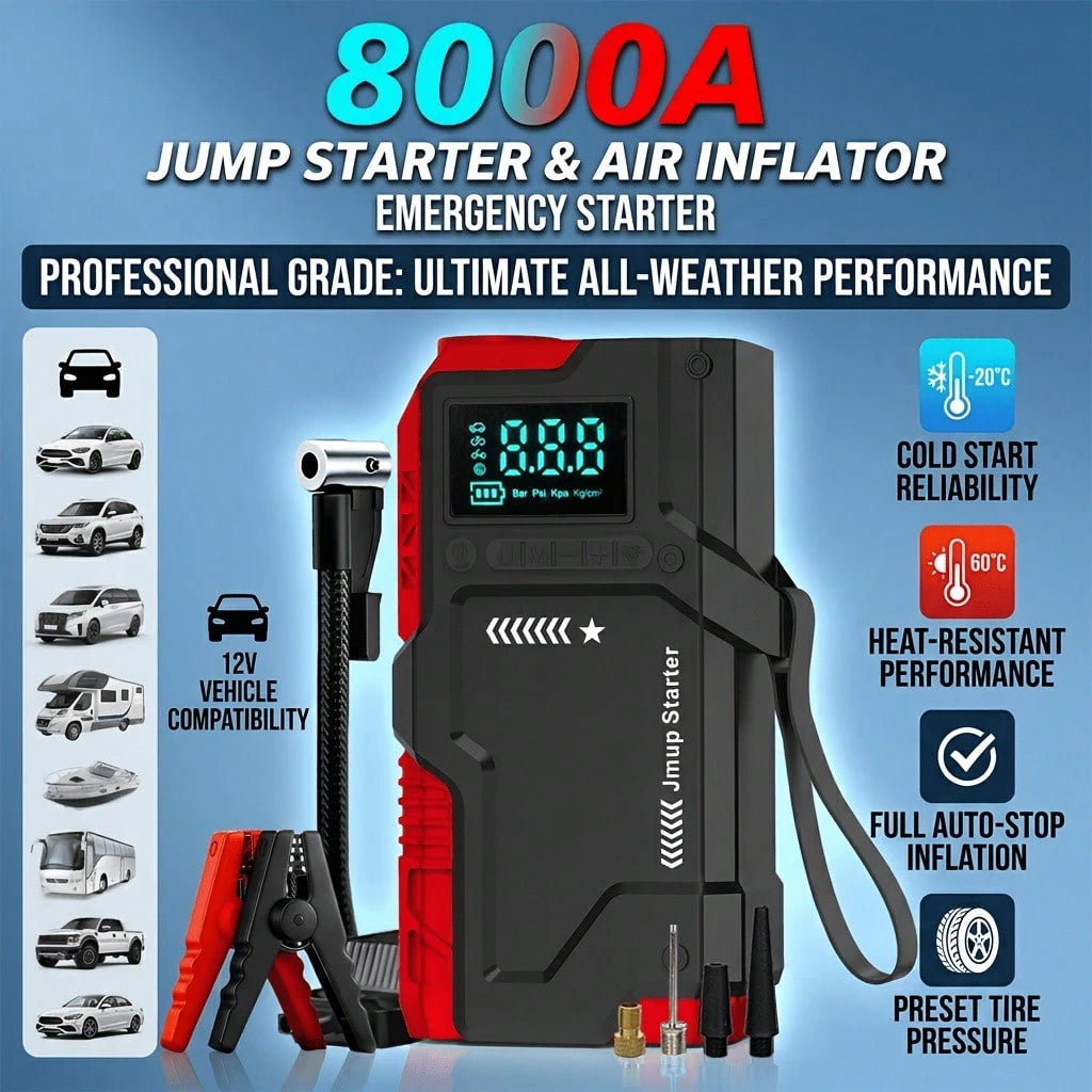 8000A Car Jump Starter With Air Pump, 12V Car Battery, 180PSI Digital Tire Pressure Gauge, Emergency Start For Trucks And SUVs, Accurate Tire Pressure Detection, LED Lighting, Car Accessories, Jump St