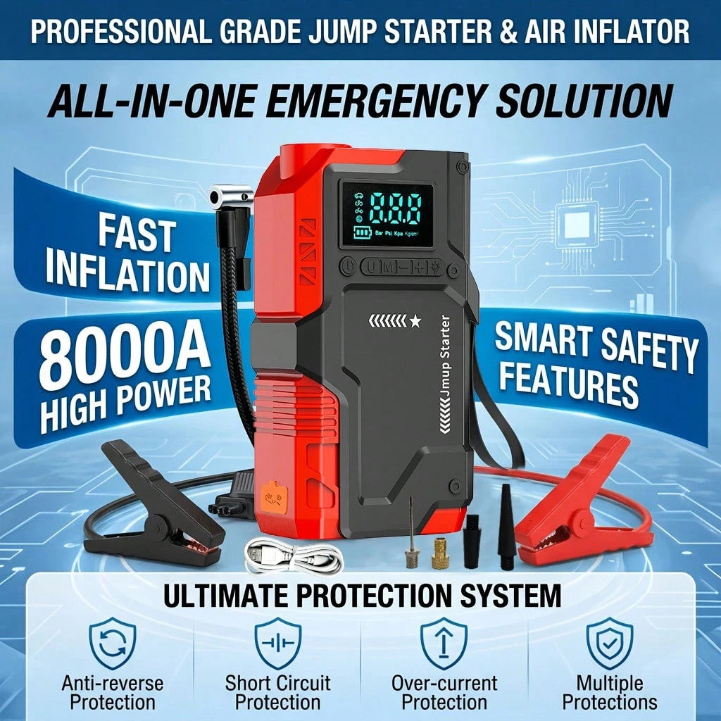 8000A Car Jump Starter With Air Pump, 12V Car Battery, 180PSI Digital Tire Pressure Gauge, Emergency Start For Trucks And SUVs, Accurate Tire Pressure Detection, LED Lighting, Car Accessories, Jump St