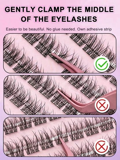 96pcs Self-Adhesive False Eyelashes- Transparent Lash Stems, Natural & Realistic, Fishscale Segmented False Lashes, C-Curl Flared Individual Lashes, Thick & Full, Suitable For Beginners, Lash Cluster
