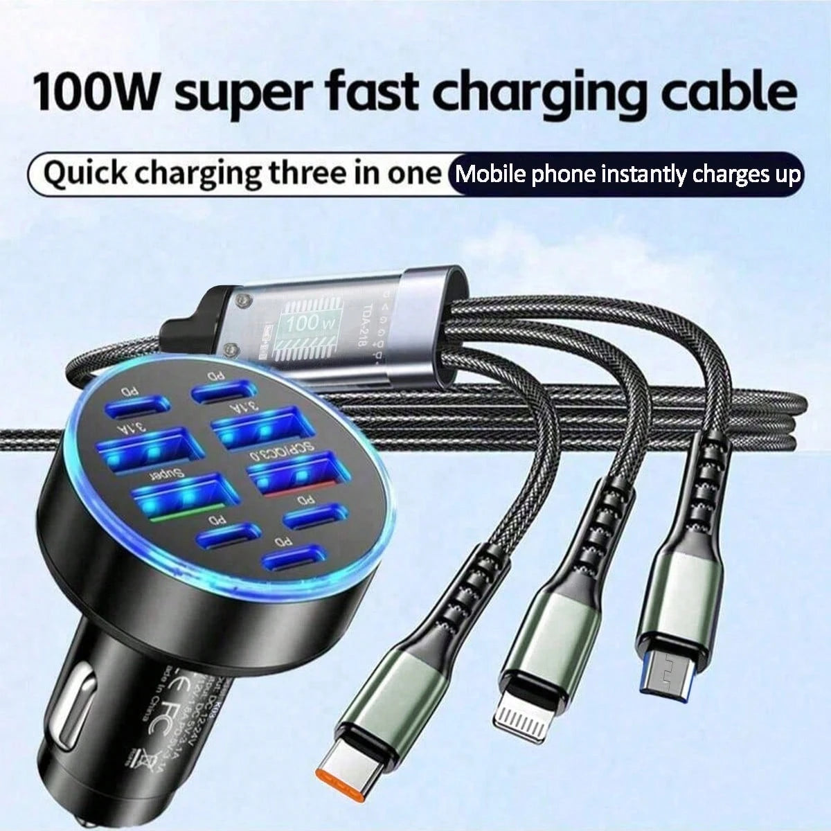 9pcs Car Charger Set With 3-In-1 Fast Charging Cable (USB To Type-C + Lightning + Micro USB), Compatible With Apple/// Devices