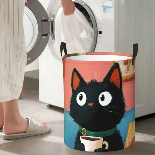 A Cute Black Cat Coffee-Themed Round Storage Basket With Handles, Cartoon Kitten Print, Foldable Fabric Or Laundry Storage Box, Popular For Bedroom, Playroom, And Clothes Organization Home Decor