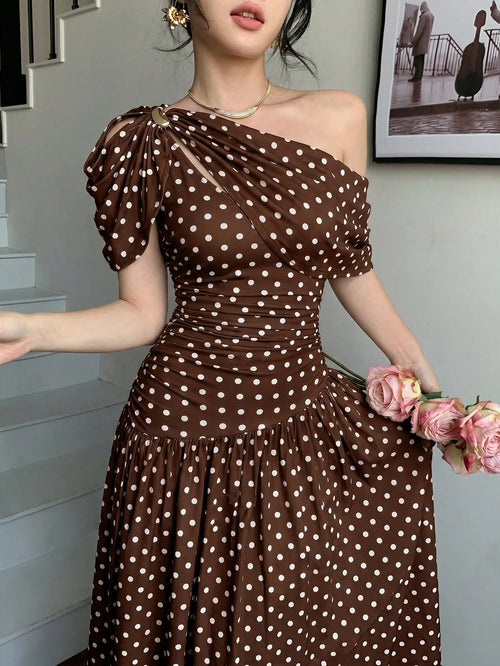 abyoxi Women's Brown Polka Dot Pleated Waist Fitted Flare Dress, Elegant & Fashionable, Suitable For Party, Date, Holiday, Wedding, Formal Occasion, Banquet, Teacher's Day, Mother's Day, Graduation Ce