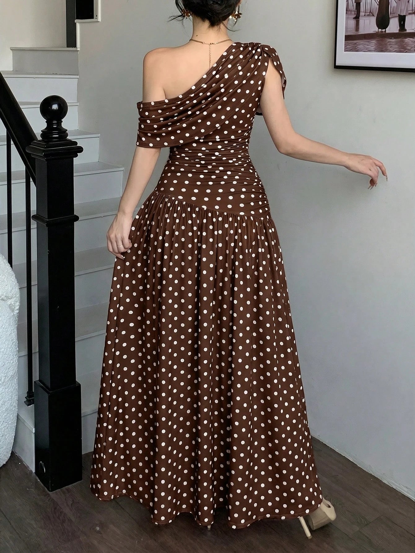 abyoxi Women's Brown Polka Dot Pleated Waist Fitted Flare Dress, Elegant & Fashionable, Suitable For Party, Date, Holiday, Wedding, Formal Occasion, Banquet, Teacher's Day, Mother's Day, Graduation Ce