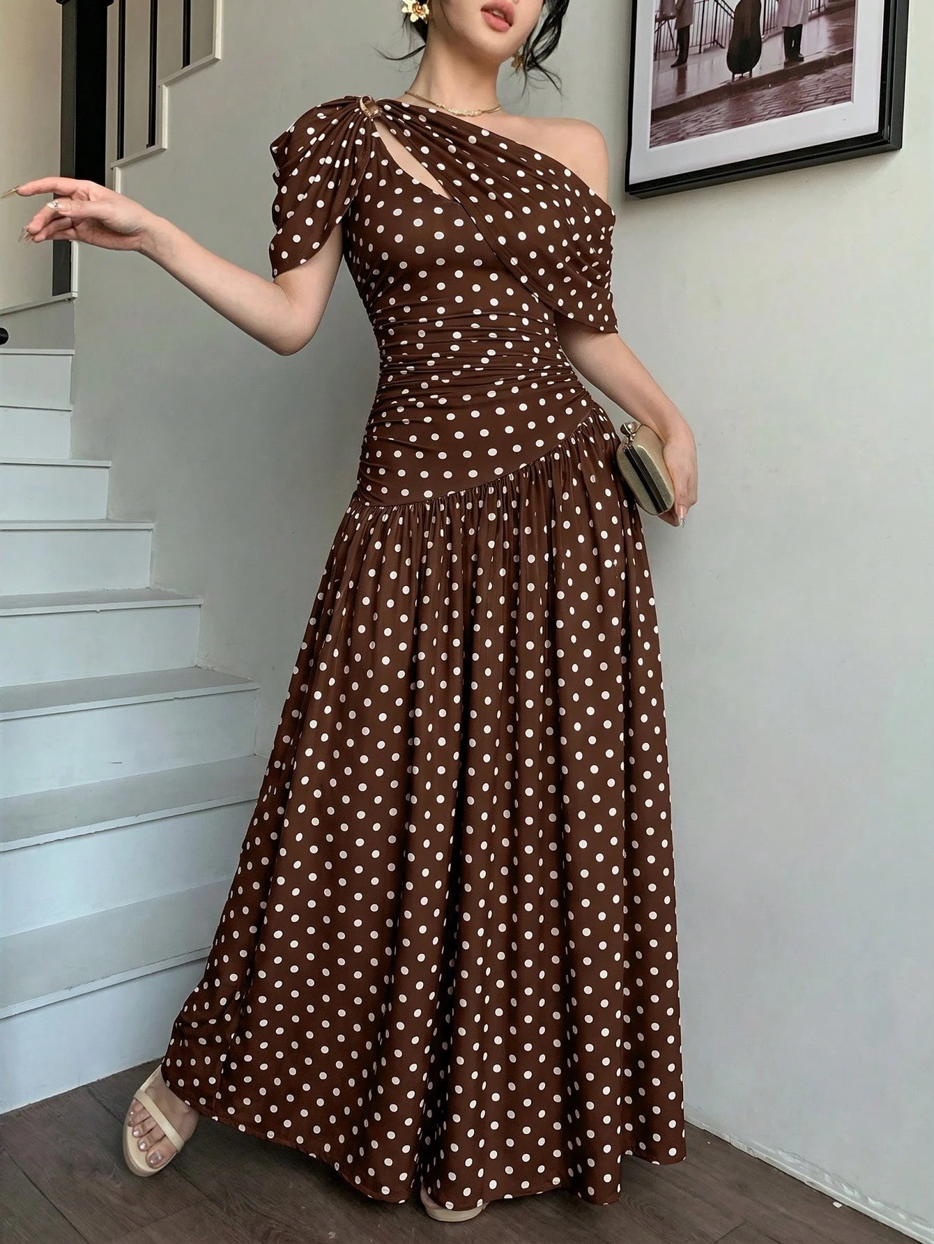 abyoxi Women's Brown Polka Dot Pleated Waist Fitted Flare Dress, Elegant & Fashionable, Suitable For Party, Date, Holiday, Wedding, Formal Occasion, Banquet, Teacher's Day, Mother's Day, Graduation Ce