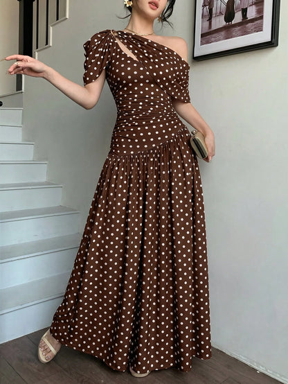 abyoxi Women's Brown Polka Dot Pleated Waist Fitted Flare Dress, Elegant & Fashionable, Suitable For Party, Date, Holiday, Wedding, Formal Occasion, Banquet, Teacher's Day, Mother's Day, Graduation Ce