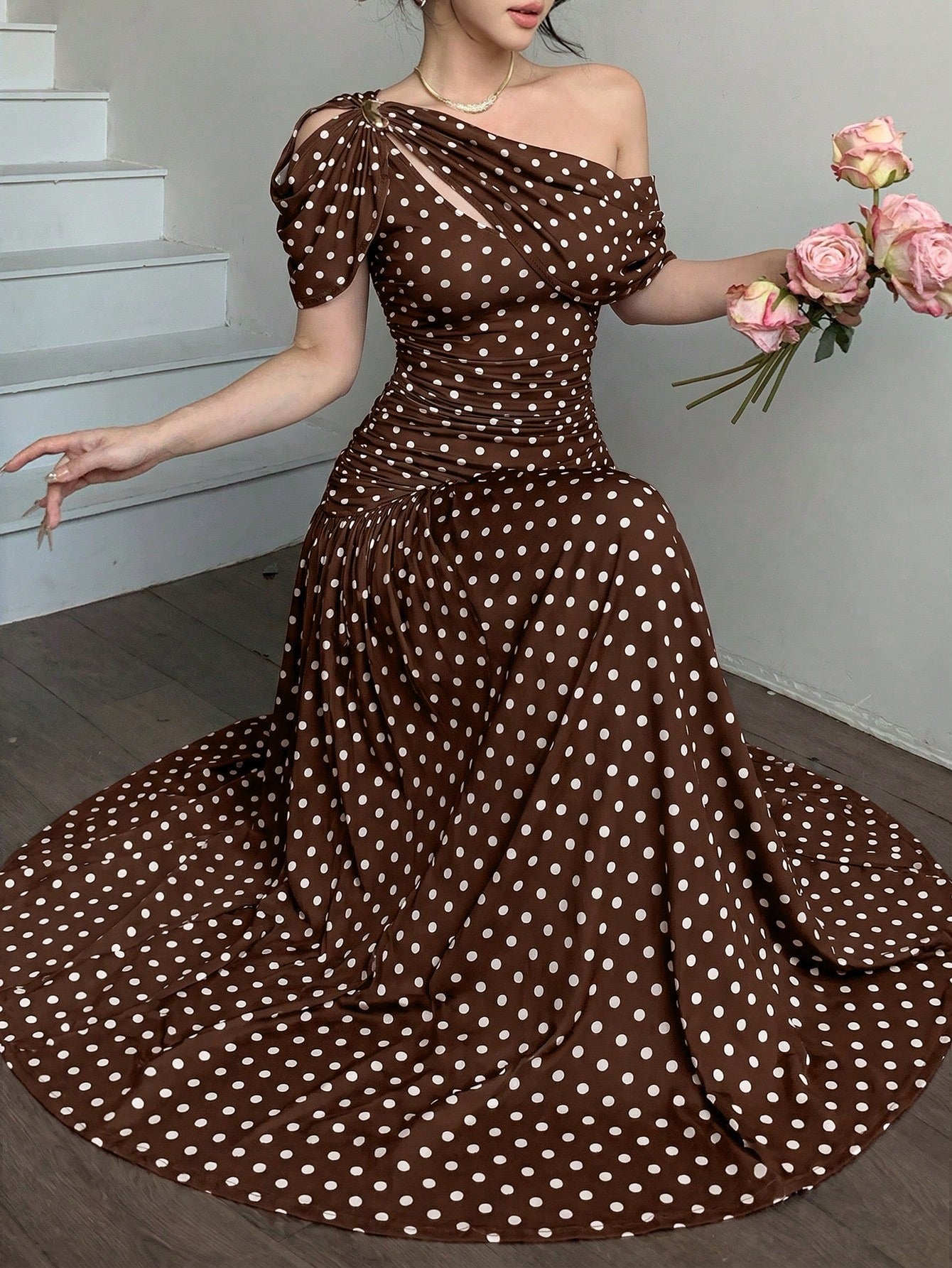 abyoxi Women's Brown Polka Dot Pleated Waist Fitted Flare Dress, Elegant & Fashionable, Suitable For Party, Date, Holiday, Wedding, Formal Occasion, Banquet, Teacher's Day, Mother's Day, Graduation Ce