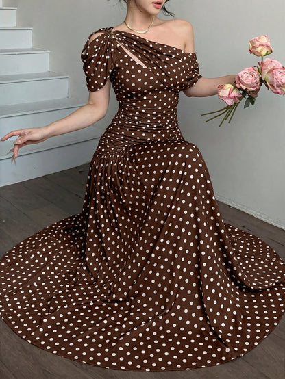 abyoxi Women's Brown Polka Dot Pleated Waist Fitted Flare Dress, Elegant & Fashionable, Suitable For Party, Date, Holiday, Wedding, Formal Occasion, Banquet, Teacher's Day, Mother's Day, Graduation Ce