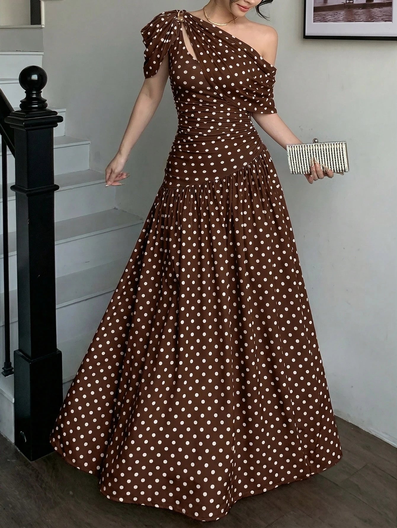 abyoxi Women's Brown Polka Dot Pleated Waist Fitted Flare Dress, Elegant & Fashionable, Suitable For Party, Date, Holiday, Wedding, Formal Occasion, Banquet, Teacher's Day, Mother's Day, Graduation Ce