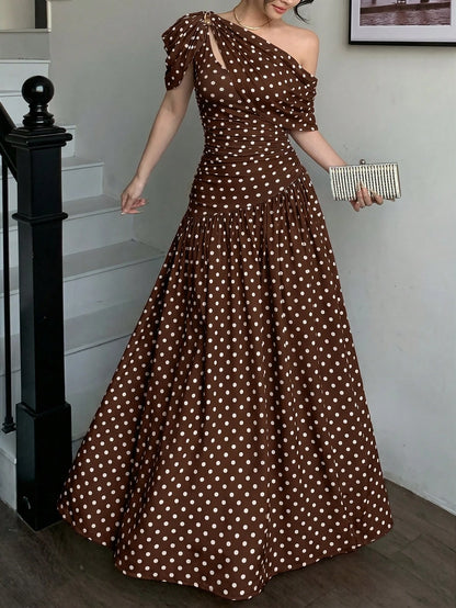 abyoxi Women's Brown Polka Dot Pleated Waist Fitted Flare Dress, Elegant & Fashionable, Suitable For Party, Date, Holiday, Wedding, Formal Occasion, Banquet, Teacher's Day, Mother's Day, Graduation Ce