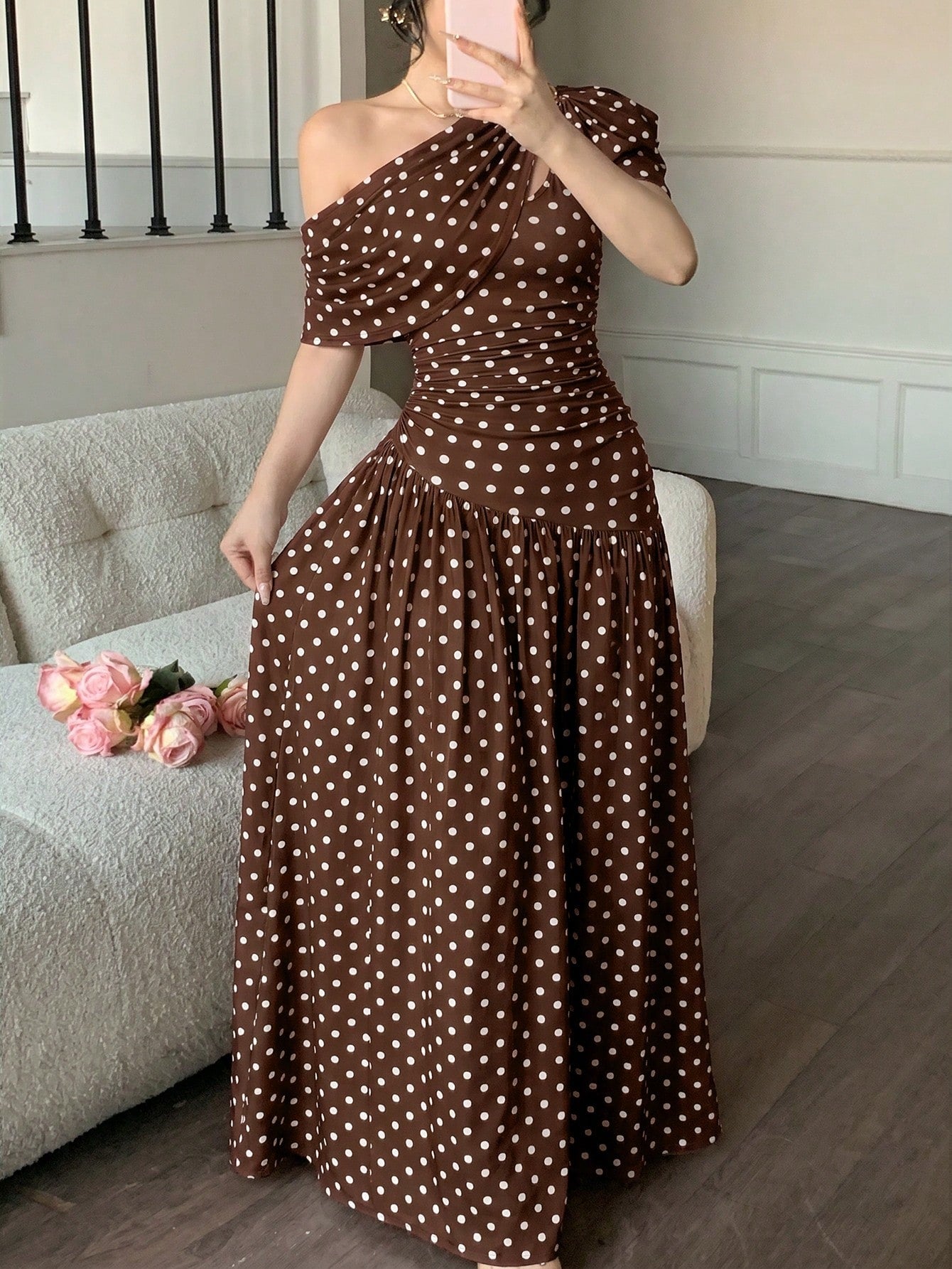 abyoxi Women's Brown Polka Dot Pleated Waist Fitted Flare Dress, Elegant & Fashionable, Suitable For Party, Date, Holiday, Wedding, Formal Occasion, Banquet, Teacher's Day, Mother's Day, Graduation Ce