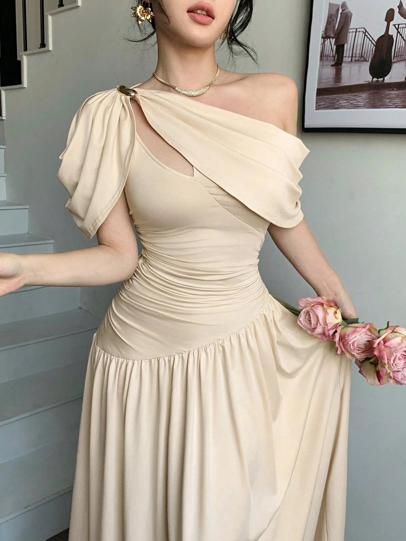 abyoxi Women's Brown Polka Dot Pleated Waist Fitted Flare Dress, Elegant & Fashionable, Suitable For Party, Date, Holiday, Wedding, Formal Occasion, Banquet, Teacher's Day, Mother's Day, Graduation Ce