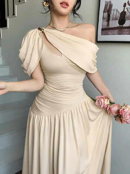 abyoxi Women's Brown Polka Dot Pleated Waist Fitted Flare Dress, Elegant & Fashionable, Suitable For Party, Date, Holiday, Wedding, Formal Occasion, Banquet, Teacher's Day, Mother's Day, Graduation Ce
