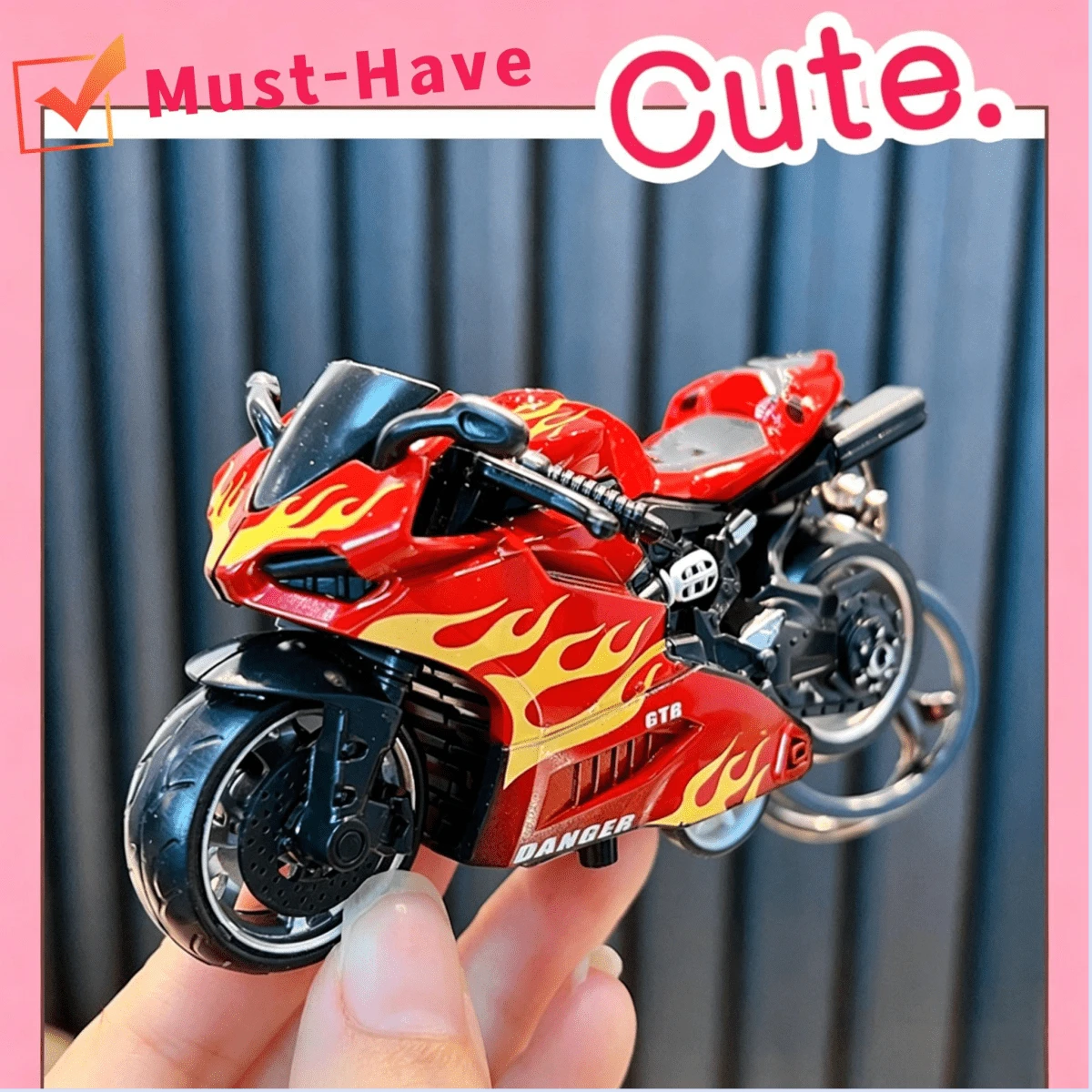 AD Alloy Flame Motorcycle Keychain, Spring-Back Inertia Motorcycle Model Pendant, Boys Realistic Motorcycle Toy Key Chain