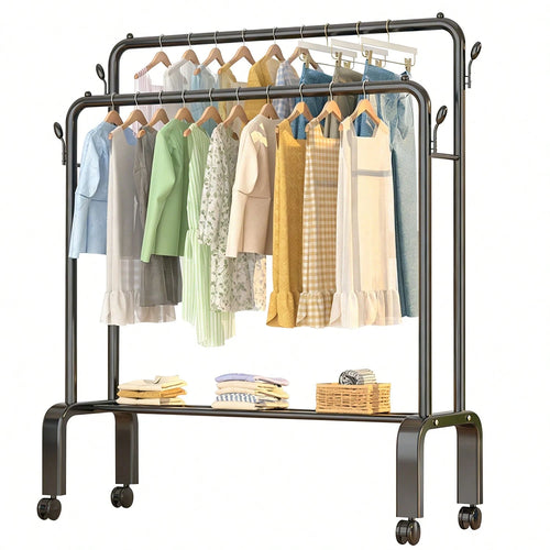 Adjustable Stainless Steel Clothes Rack- Space-Saving, Foldable Design With Dual Rods For Efficient Storage Of Clothes, Shoes, Hats & Accessories- Easy Assembly, Perfect For Bedroom, Dorm & Balcony