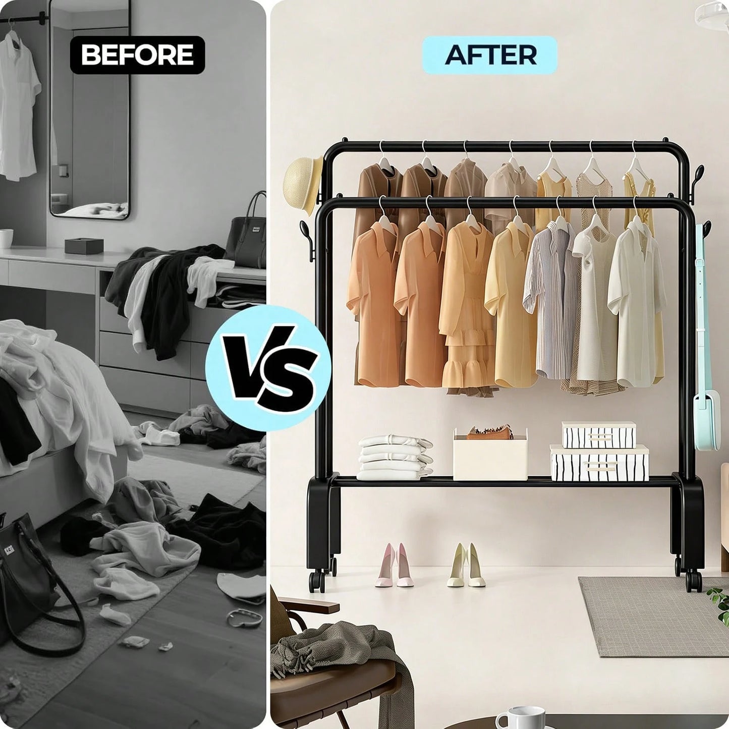 Adjustable Stainless Steel Clothes Rack- Space-Saving, Foldable Design With Dual Rods For Efficient Storage Of Clothes, Shoes, Hats & Accessories- Easy Assembly, Perfect For Bedroom, Dorm & Balcony