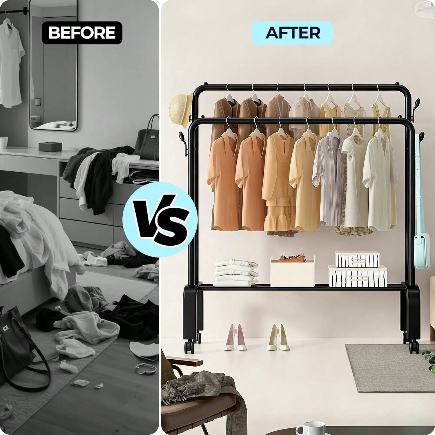 Adjustable Stainless Steel Clothes Rack- Space-Saving, Foldable Design With Dual Rods For Efficient Storage Of Clothes, Shoes, Hats & Accessories- Easy Assembly, Perfect For Bedroom, Dorm & Balcony