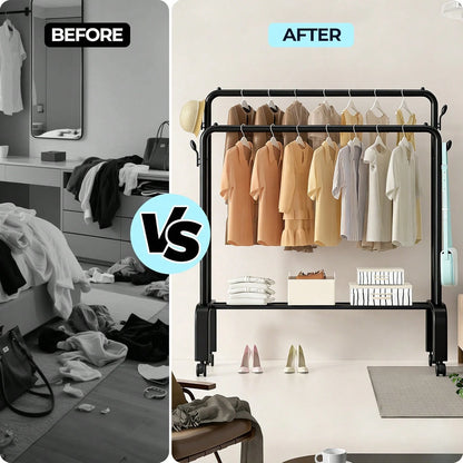Adjustable Stainless Steel Clothes Rack- Space-Saving, Foldable Design With Dual Rods For Efficient Storage Of Clothes, Shoes, Hats & Accessories- Easy Assembly, Perfect For Bedroom, Dorm & Balcony