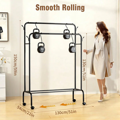 Adjustable Stainless Steel Clothes Rack- Space-Saving, Foldable Design With Dual Rods For Efficient Storage Of Clothes, Shoes, Hats & Accessories- Easy Assembly, Perfect For Bedroom, Dorm & Balcony